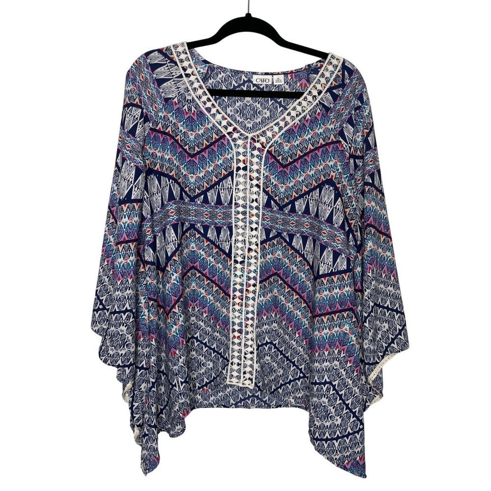 Cato Blouse‎ Womens XL Blue Geometric Crochet Lace Trim Bell Sleeve Top